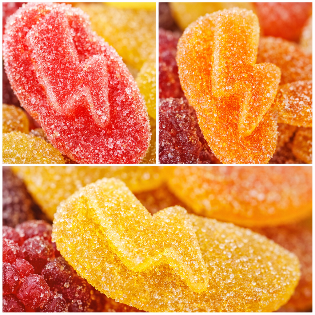 Collage of colorful gummy candy shaped like leaves and berries.