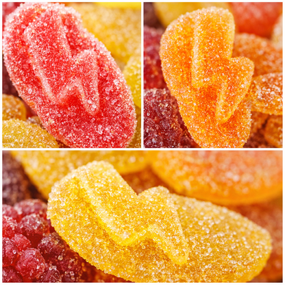 Collage of colorful gummy candy shaped like leaves and berries.