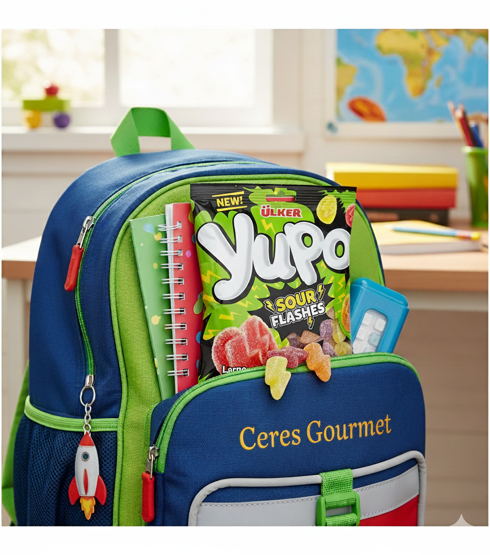 Backpack with snacks and stationery items on a classroom background