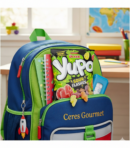 Backpack with snacks and stationery items on a classroom background