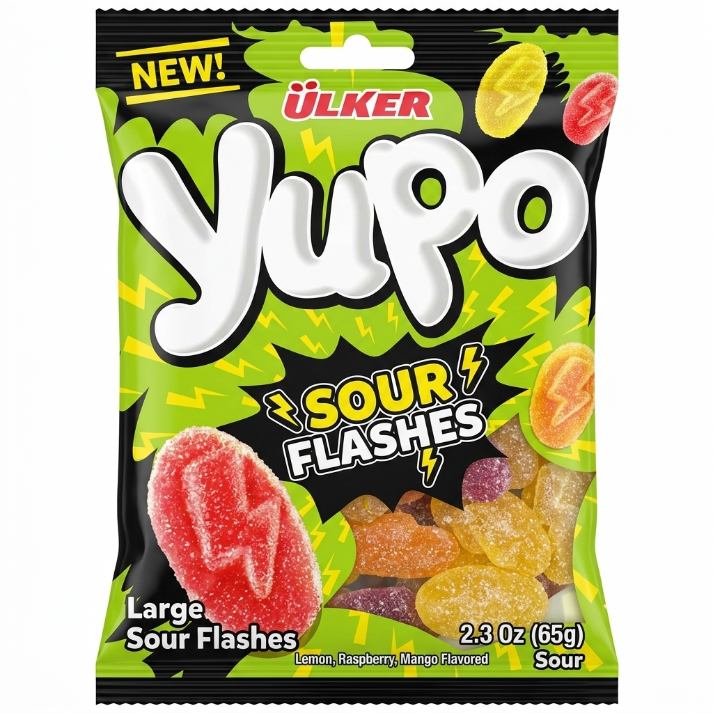 Yuko Sour Flashes candy package with colorful gummy candies on a black background