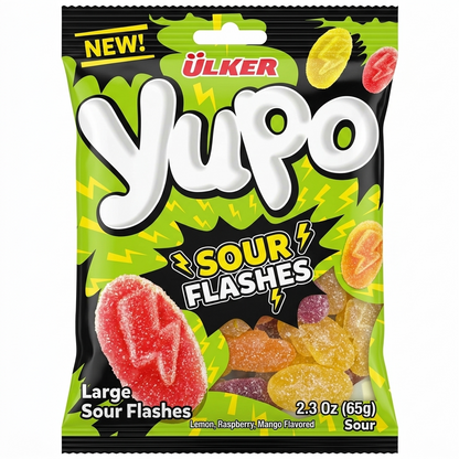 Yuko Sour Flashes candy package with colorful gummy candies on a black background