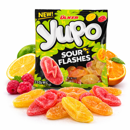 Yölker Yuöpo Sour Flashes gummy candy package with candies displayed in front