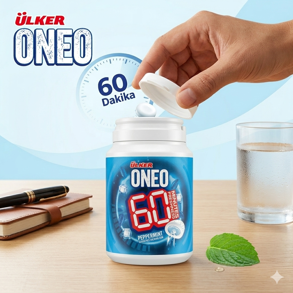 Ulker Oneo mint chewing gum packaging with a hand opening it on a table.