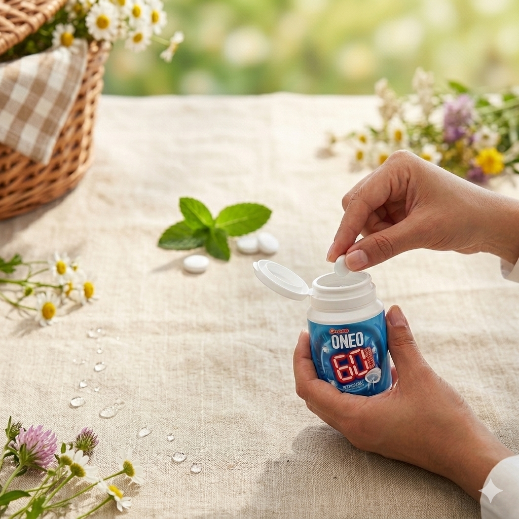 Hand holding a blue container labeled 'ONEO' with flowers and a basket in the background