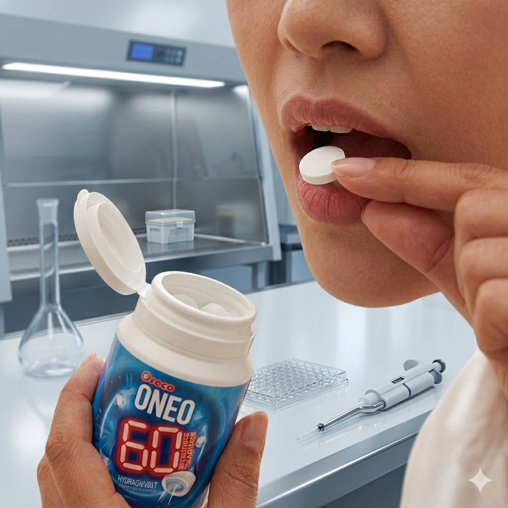 Person taking a tablet from a container labeled 'ONEO 60' in a laboratory setting