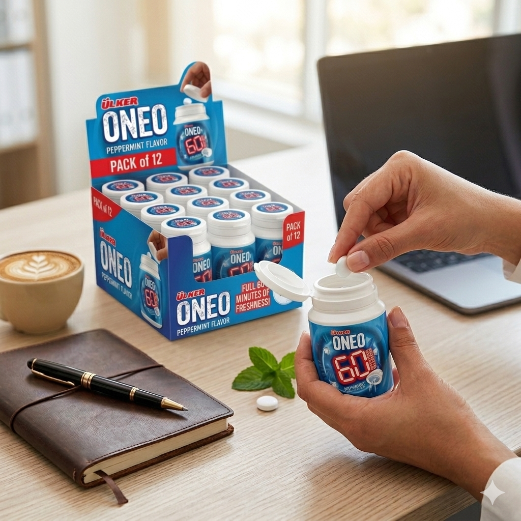 Person opening a Durex ONEO product on a desk with packaging and a cup of coffee in the background.