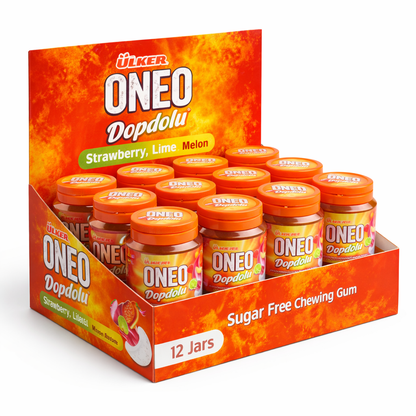 Ulker ONEO Dopdolu chewing gum packaging with 12 jars on a white background