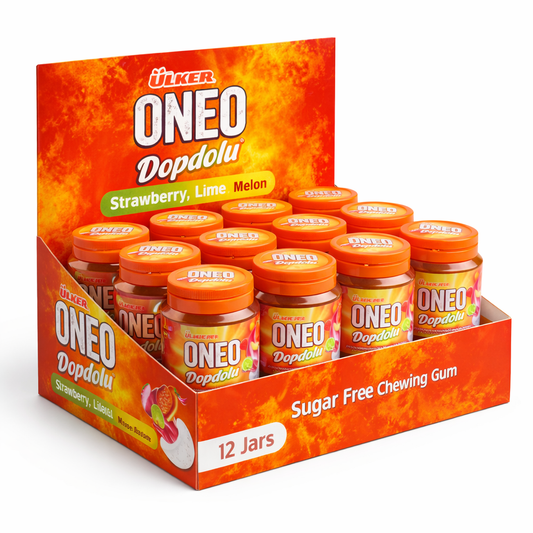 Ulker ONEO Dopdolu chewing gum packaging with 12 jars on a white background