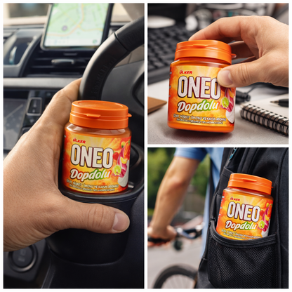 Collage of a hand holding a jar of ONEO Dopdolu supplement in various settings.