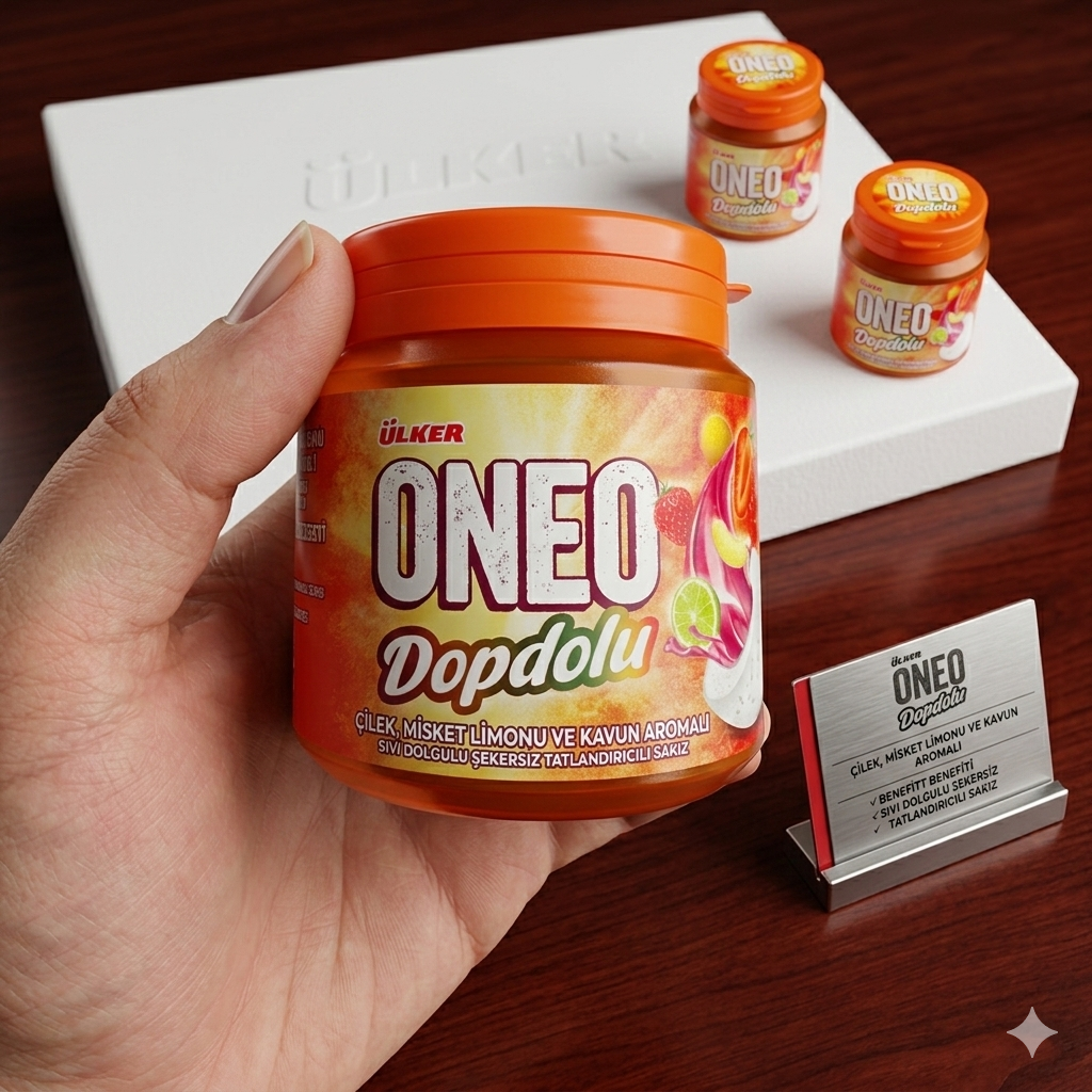Hand holding a jar of Ulker ONEO Dopdolu on a wooden surface with additional jars and a card in the background.
