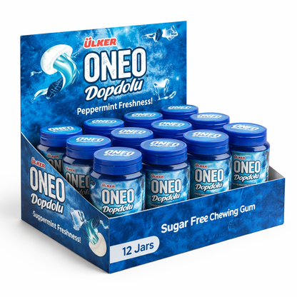 Display box of Ulker ONEO Dopdolu peppermint freshening chewing gum with 12 jars.