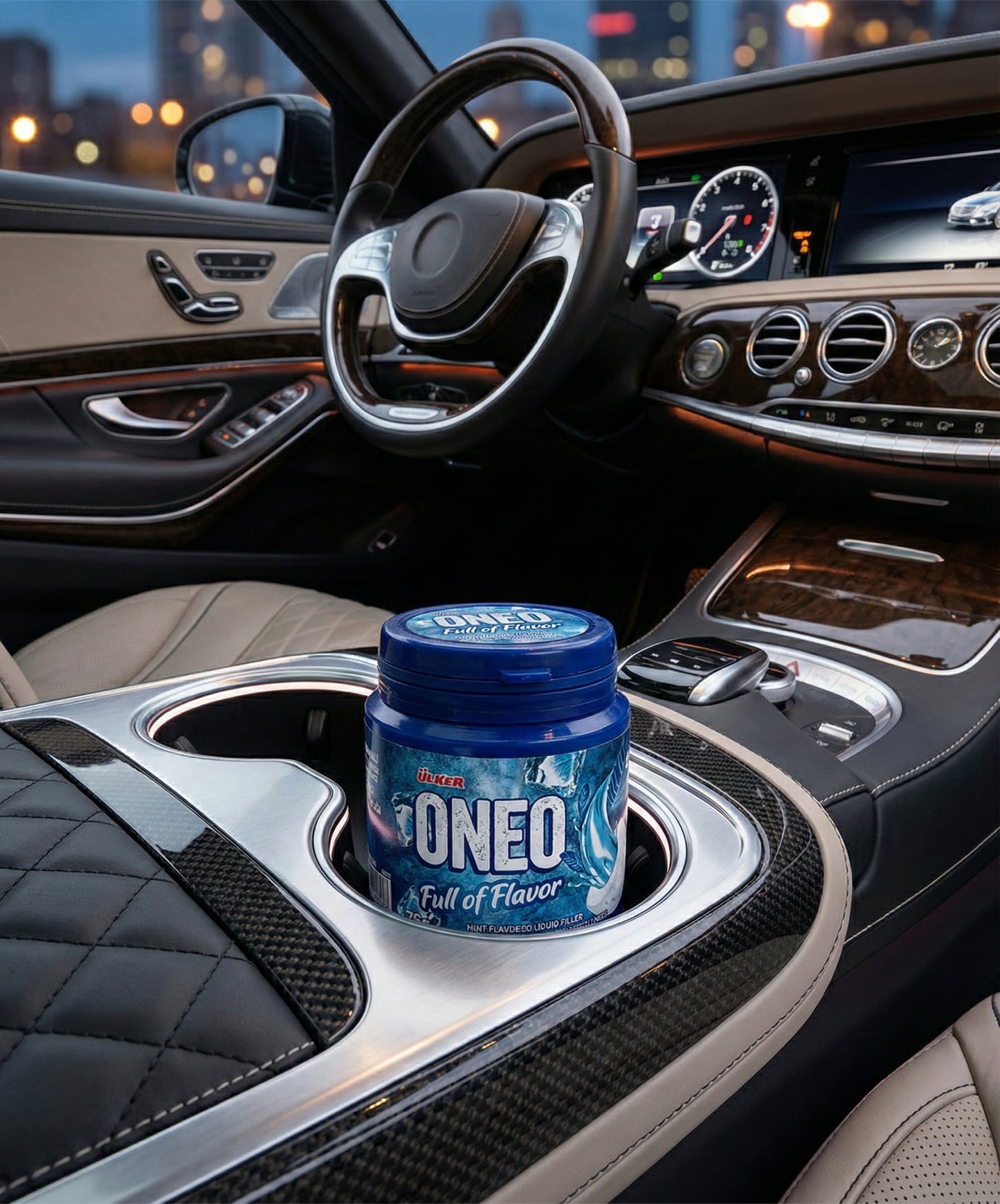 Container of Dymatize ONEIO Full of Flavor supplement in a car's cup holder with a cityscape background