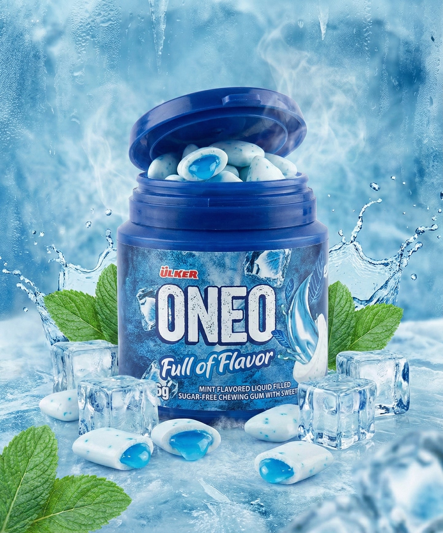 Jar of ONEWO candy with ice cubes and mint leaves on a blue background