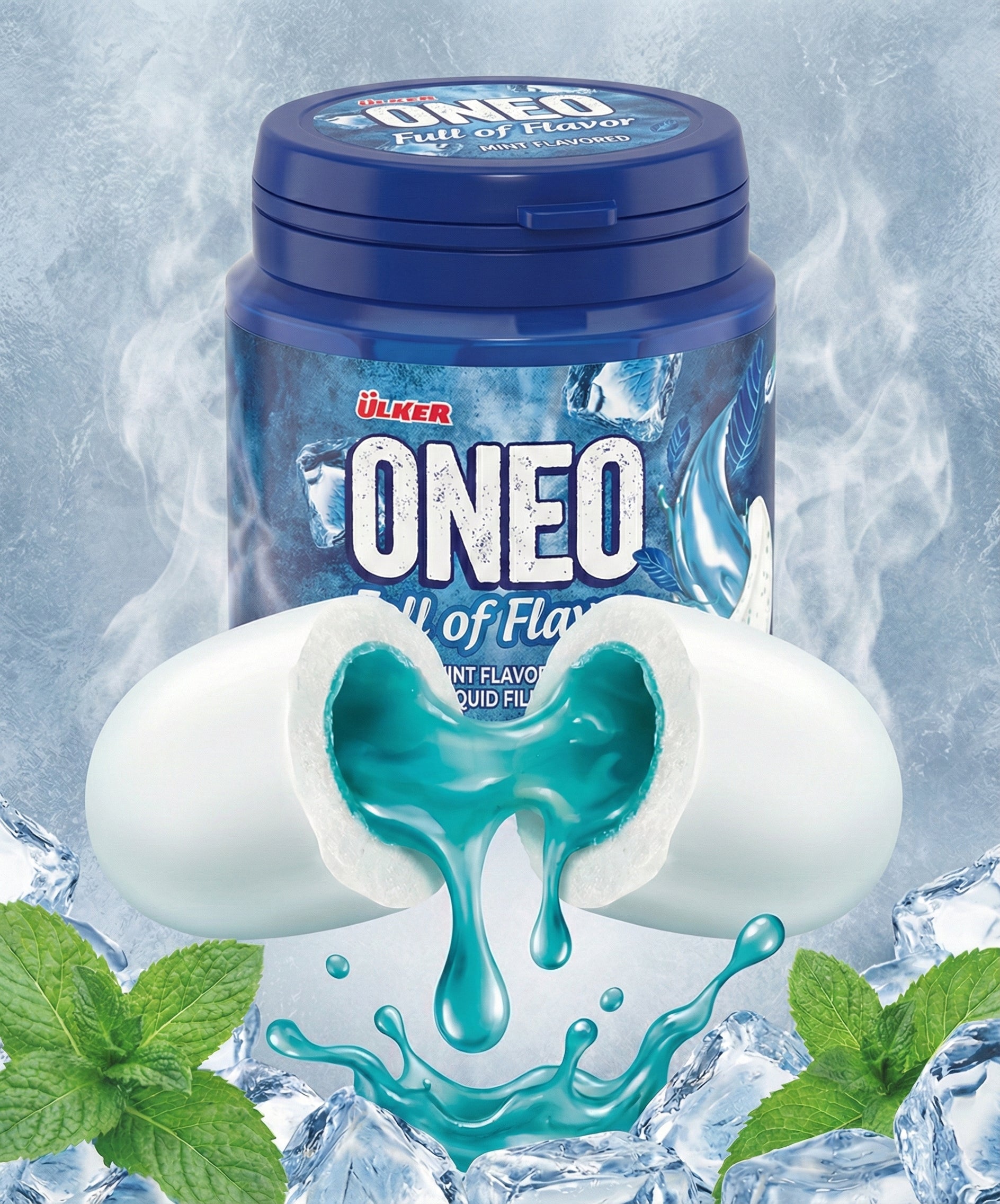 Ulker Oneo mint flavor jelly with packaging on a icy background
