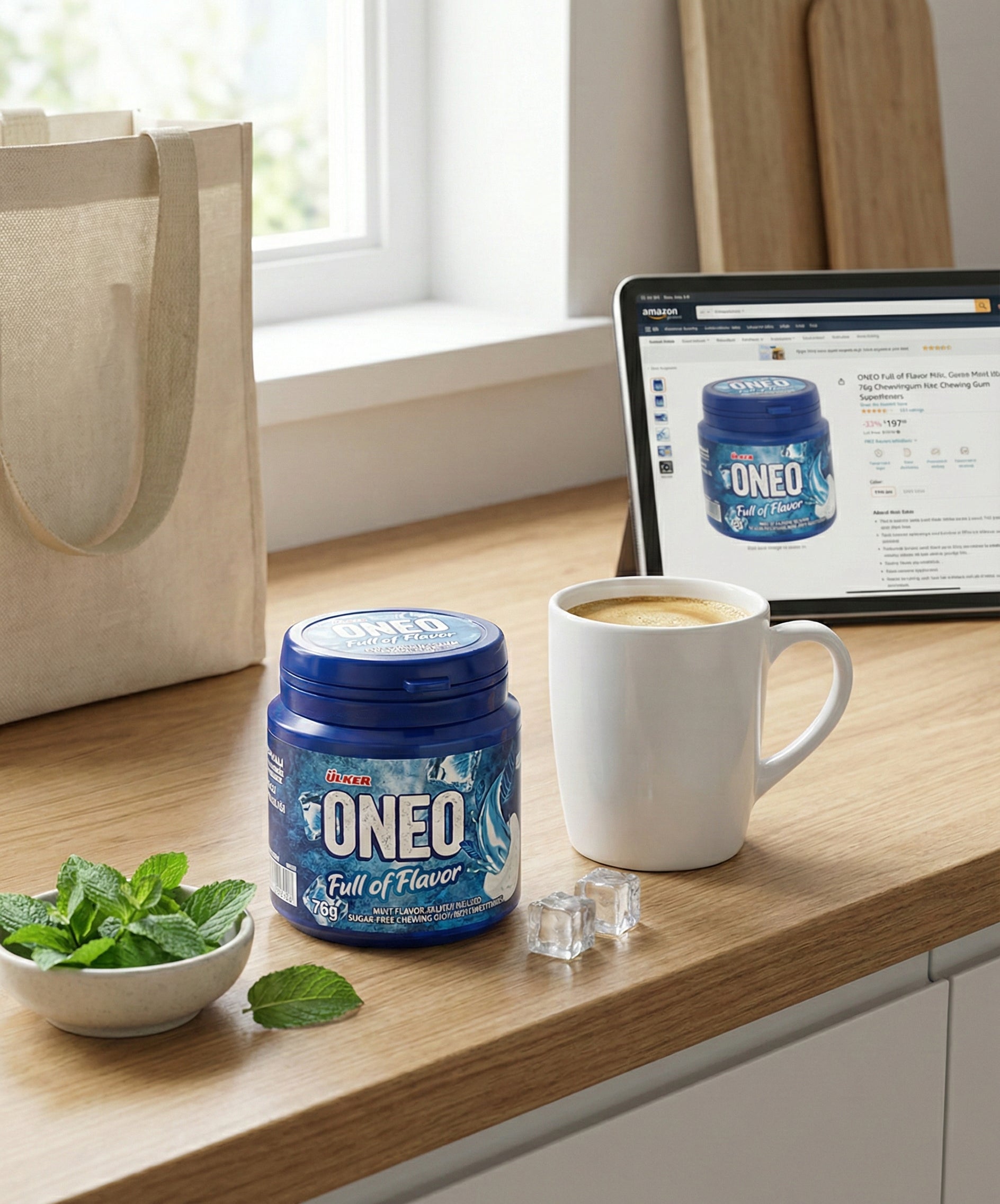ONEO supplement jar on a kitchen counter with a mug of coffee and a laptop displaying the product.