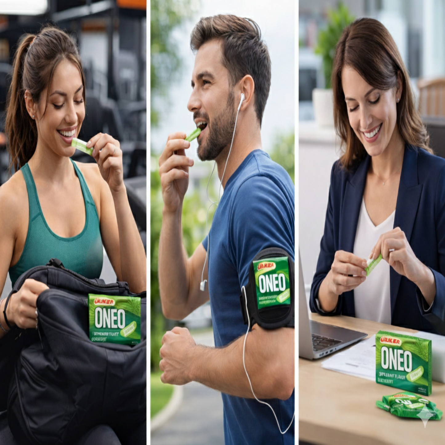 Three people in different settings with ONEO products, including a woman eating a snack, a man exercising, and a woman at a desk.