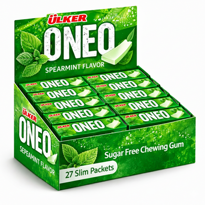 Box of Ulker ONEO Spearmint Flavor chewing gum on a white background
