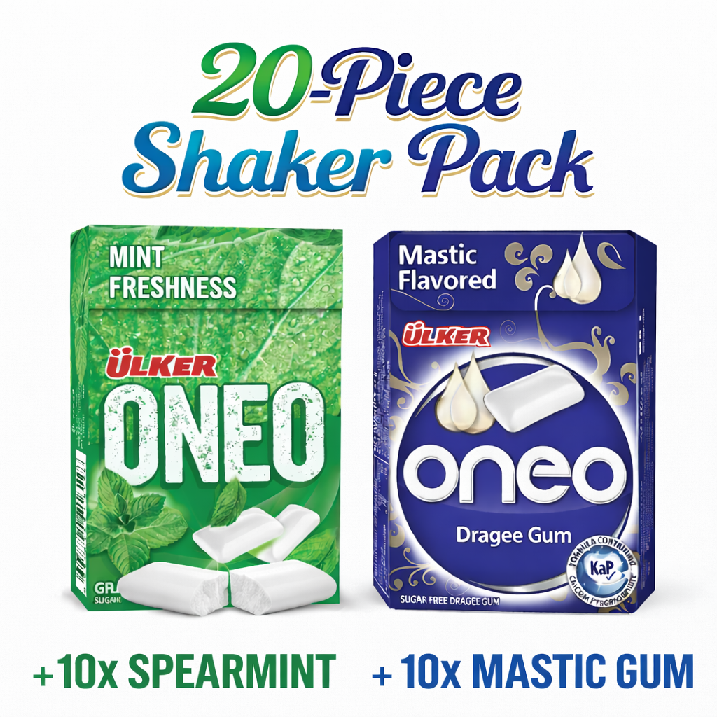 Two boxes of Ulker Oneo gum, one green for mint freshness and one blue for mastic flavor, on a white background.