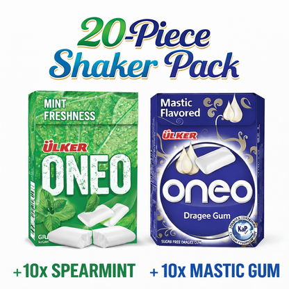 Two boxes of Ulker Oneo gum, one green for mint freshness and one blue for mastic flavor, on a white background.