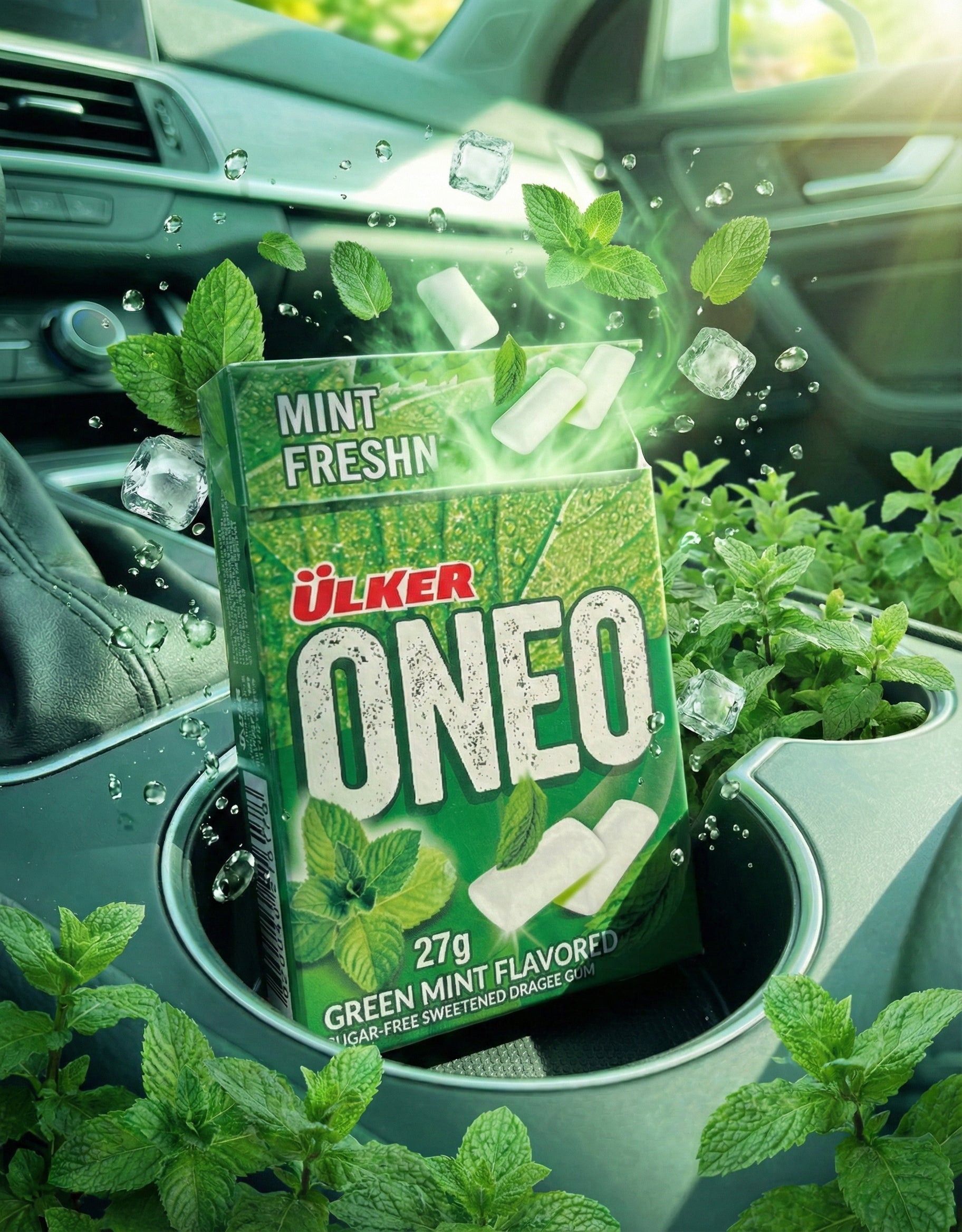 Ulker Oneo green mint flavor package in a car cup holder with mint leaves and ice cubes.