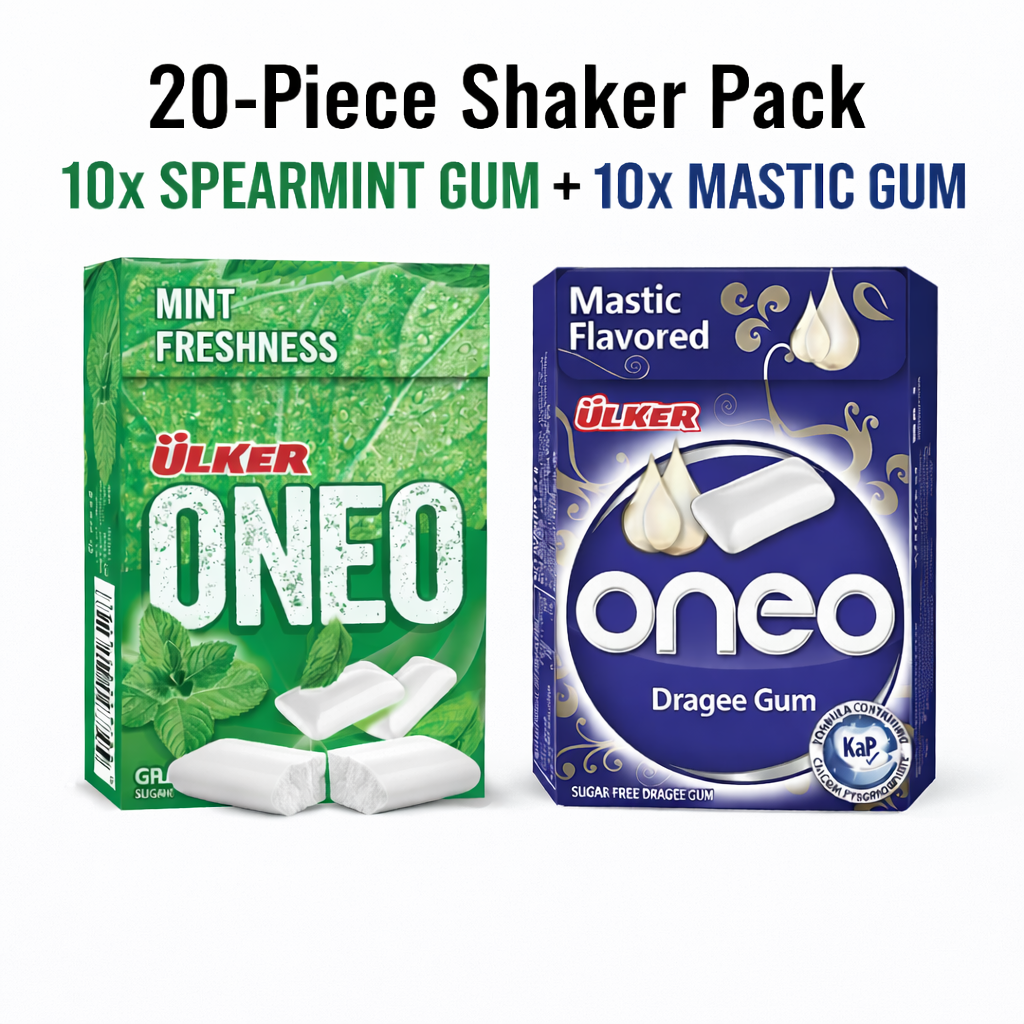 Two boxes of Ulker Oneo gum, one spearmint and one mastic flavored, on a white background.