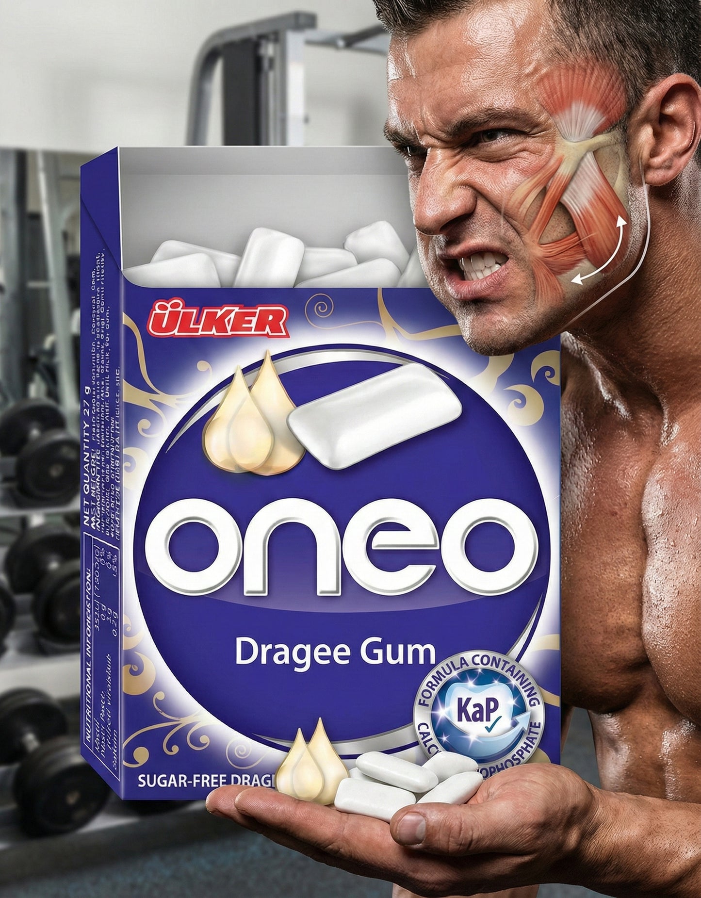Ulker oneo Dragee Gum packaging with a muscular man holding it