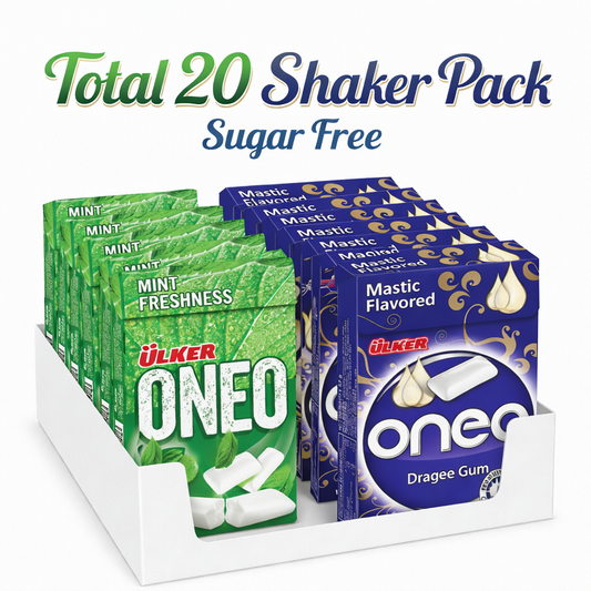 Display of Ulker Oneo gum shaker packs in mint and mastic flavors on a white background.