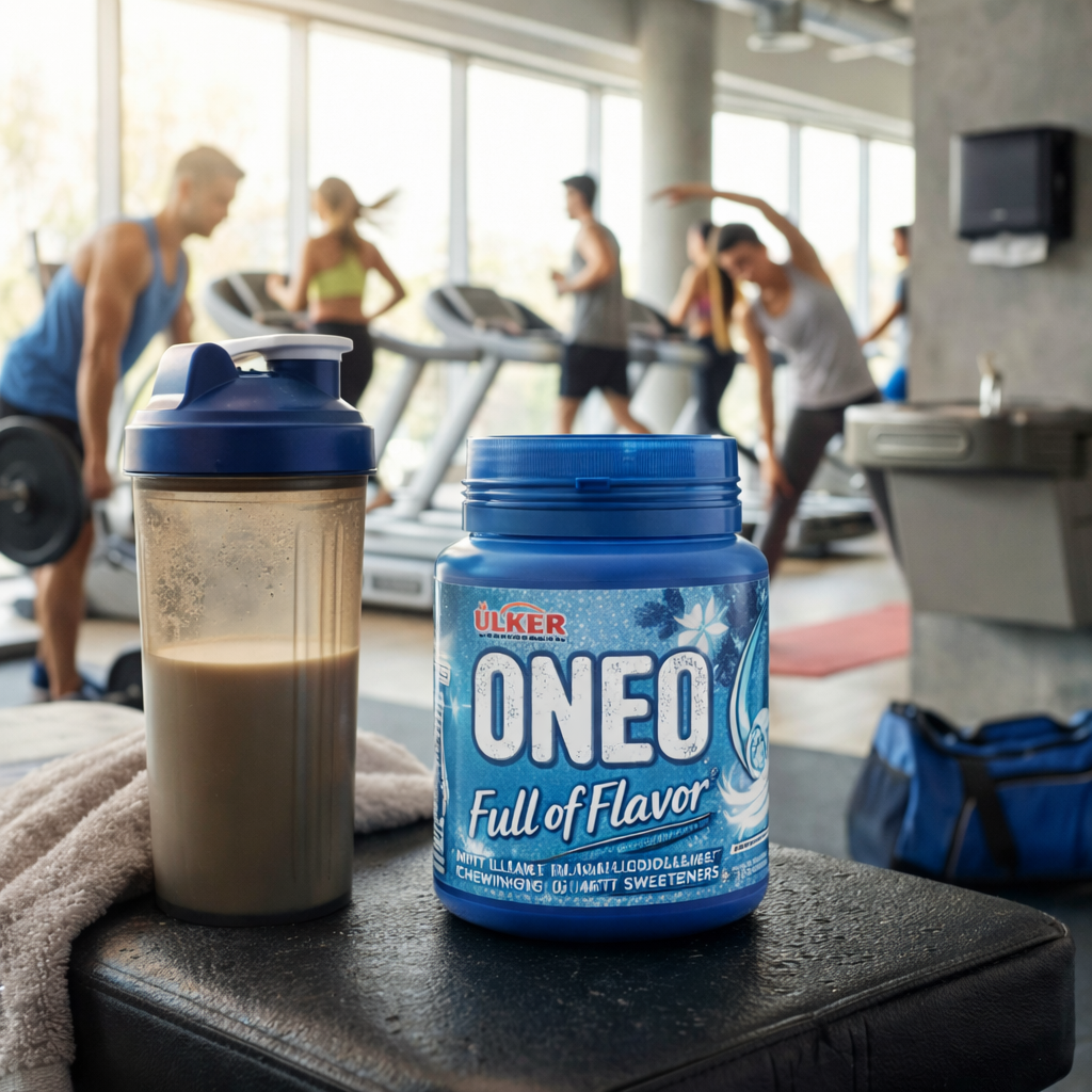 Oneo peppermint gum container on a gym counter with people exercising in the background