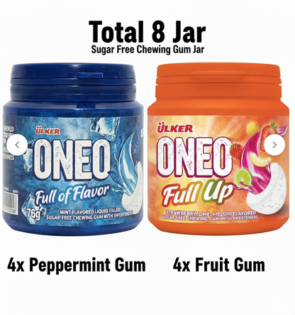 Two jars of Ulker ONEO chewing gum, one blue and one orange, on a white background.