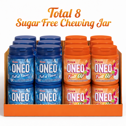 Display of Ulker ONEO sugar-free chewing jars in blue and orange packaging.