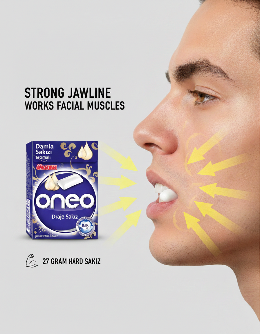 Oneo product packaging with a side profile of a person's face showing facial muscles.