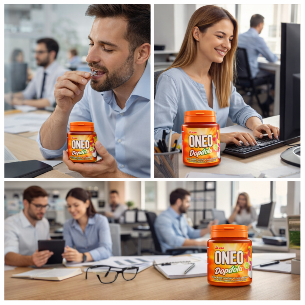 Collage of people in an office setting with ONEO Dopamine supplement jars.