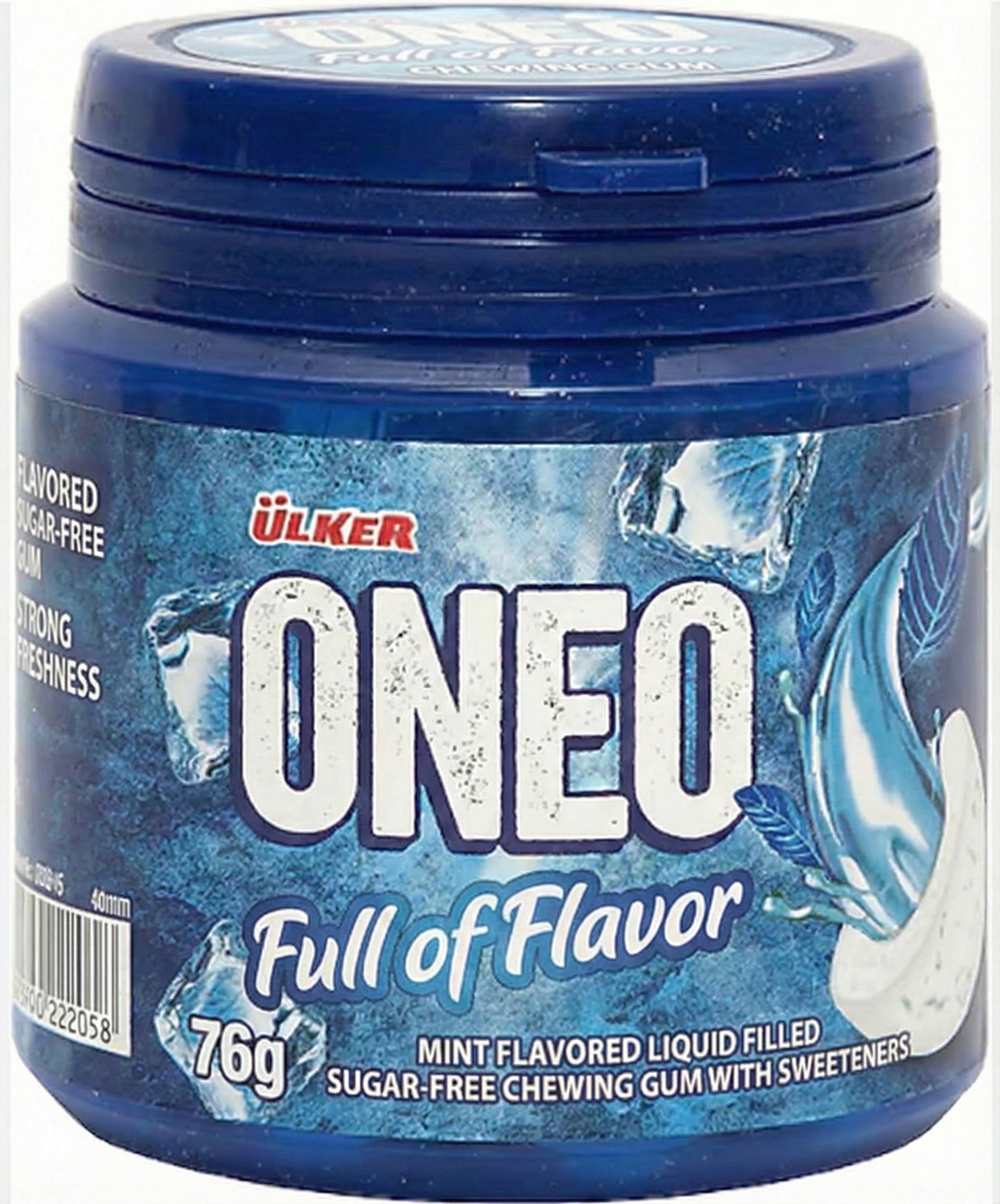 Blue container of Ulker ONEO mint-flavored liquid-filled chewing gum on a white background