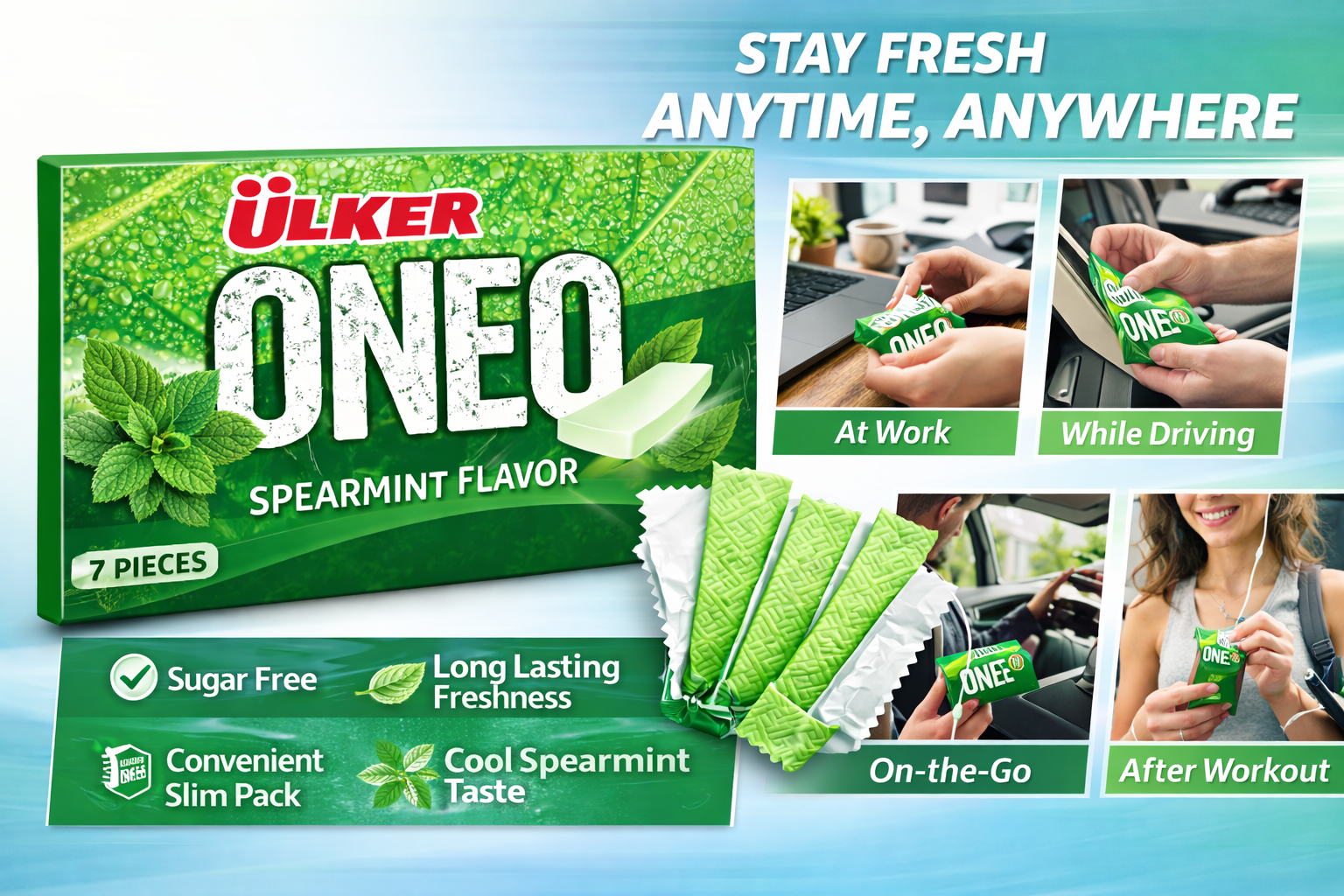 Ulker Oneo spearmint flavor packets with usage scenarios on a blue gradient background