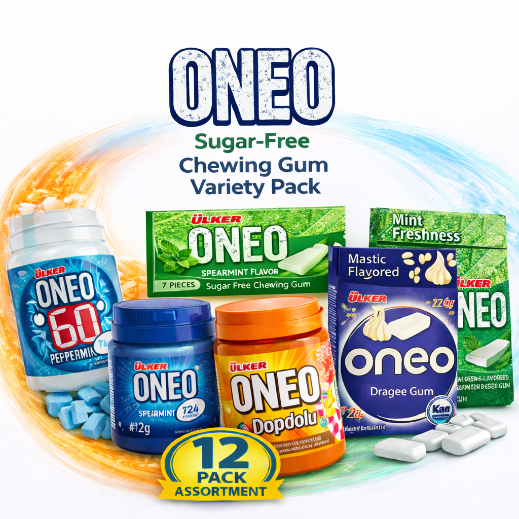 ONEO sugar-free chewing gum variety pack with different flavors and packaging on a white background.