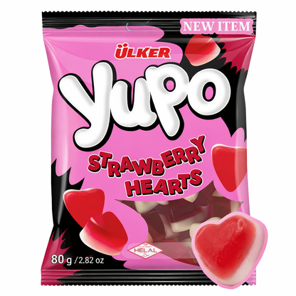 Pink package of Ulker Yupo Strawberry Hearts candy on a white background