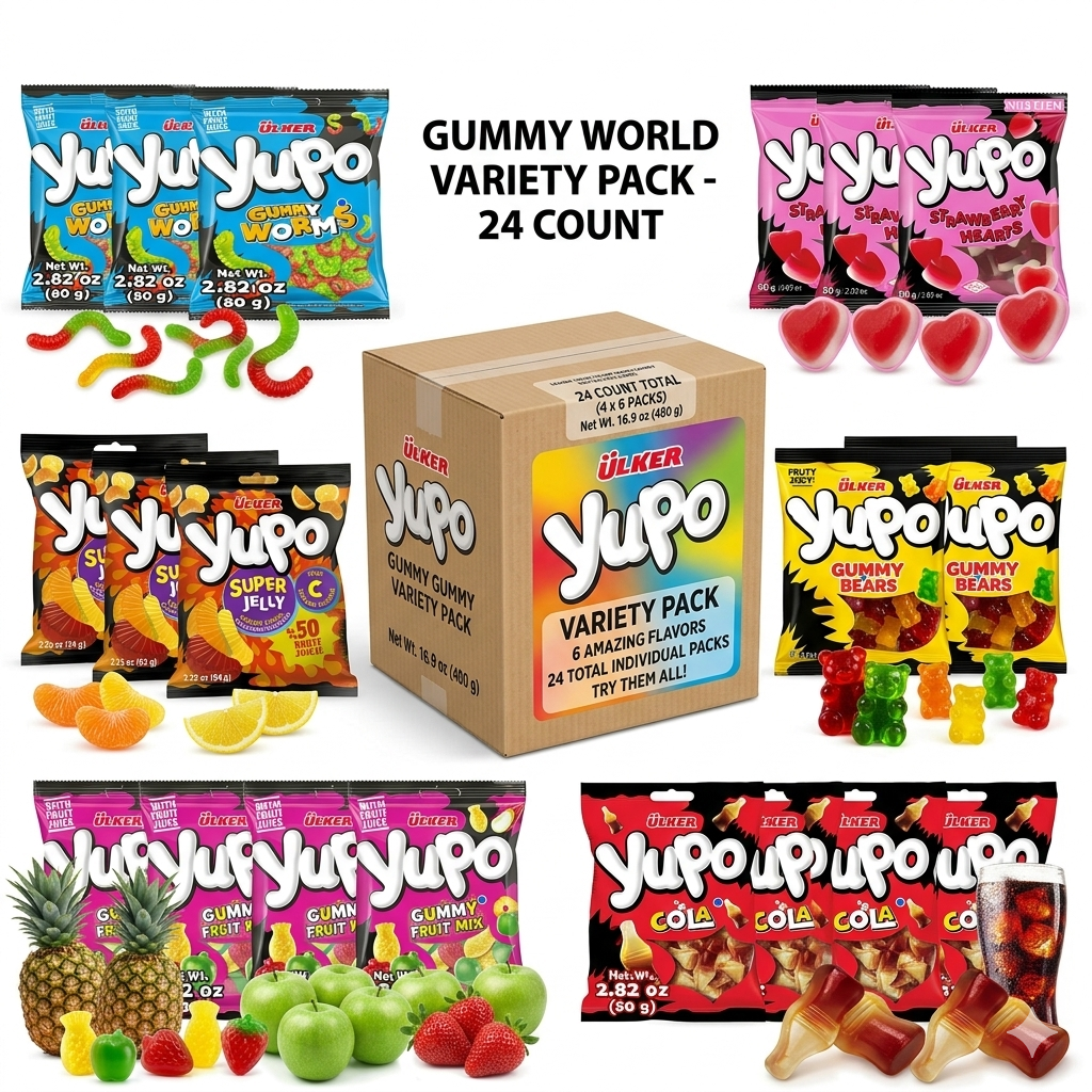 Yupo gummy candy variety pack with different flavors displayed.