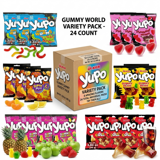 Yupo gummy candy variety pack with different flavors displayed.