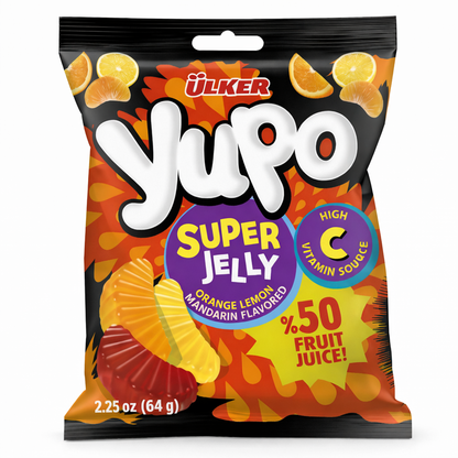 Yupo jelly candy package with colorful design and text on a white background