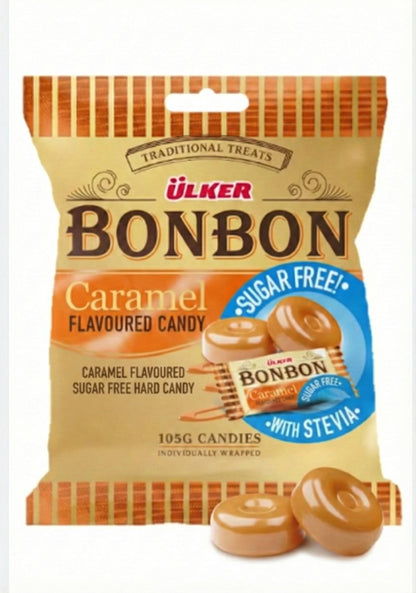 Ulker Bonbon caramel flavored candy package on a white background