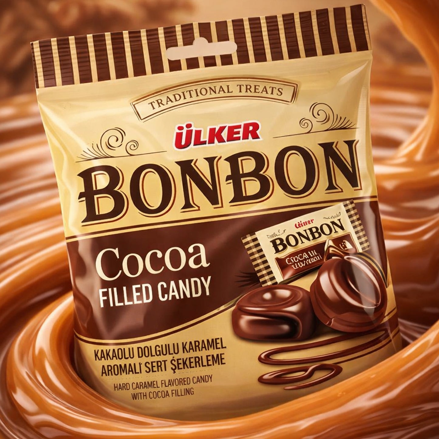 Ulker Bonbon cocoa filled candy packaging on a chocolate background