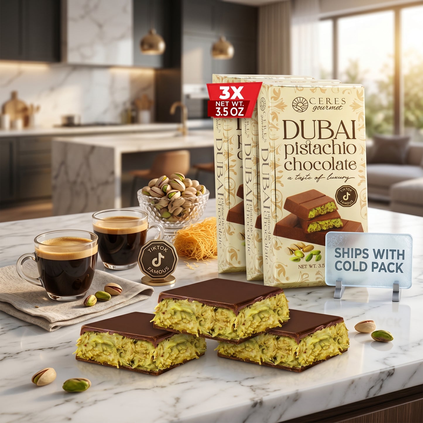 Viral Dubai Pistachio Chocolate Bar with Crunchy Kataifi - 3 Pack (3x100g)