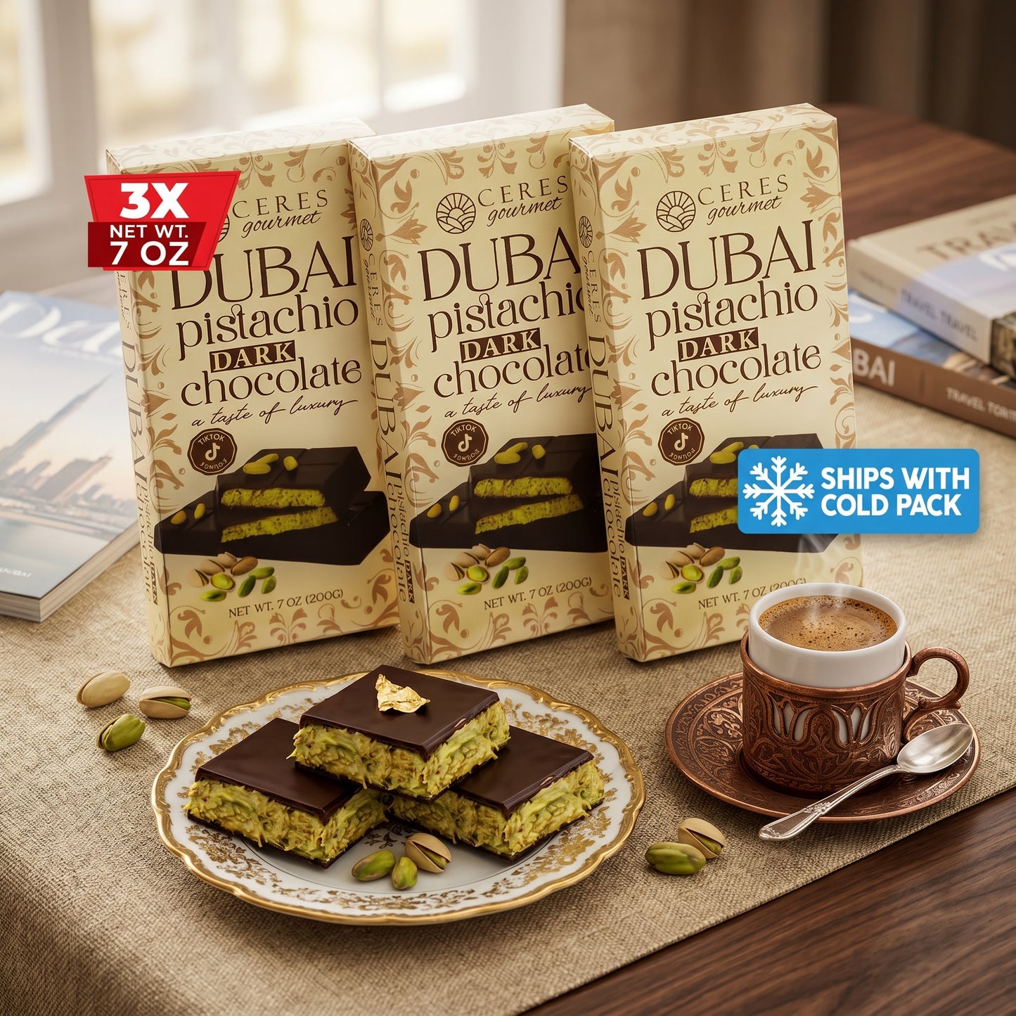JUMBO Viral Dubai Pistachio Dark Chocolate Bar - Extra Thick 7oz (200g) - 3 Pack