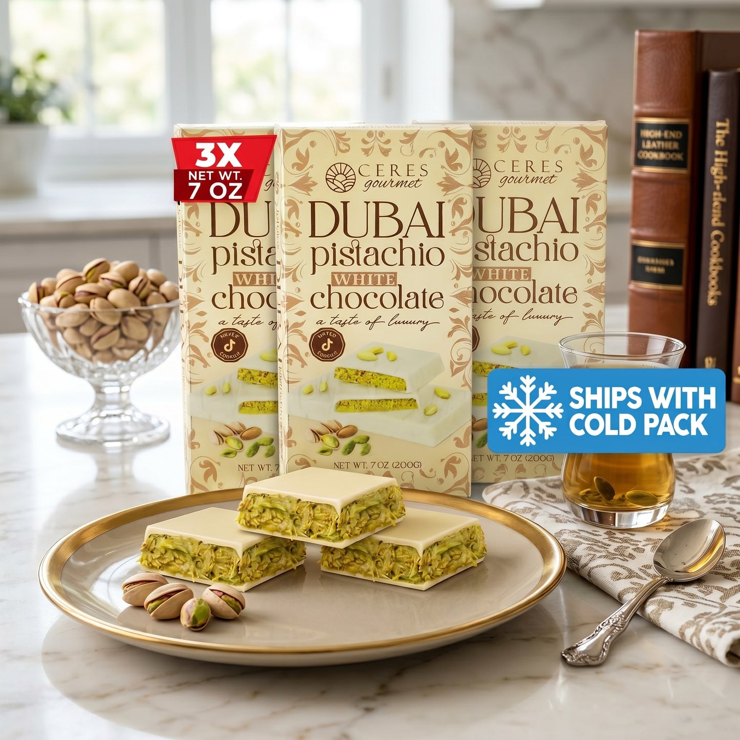 JUMBO Viral Dubai Pistachio White Chocolate Bar - Extra Thick 7oz (200g) - 3 Pack