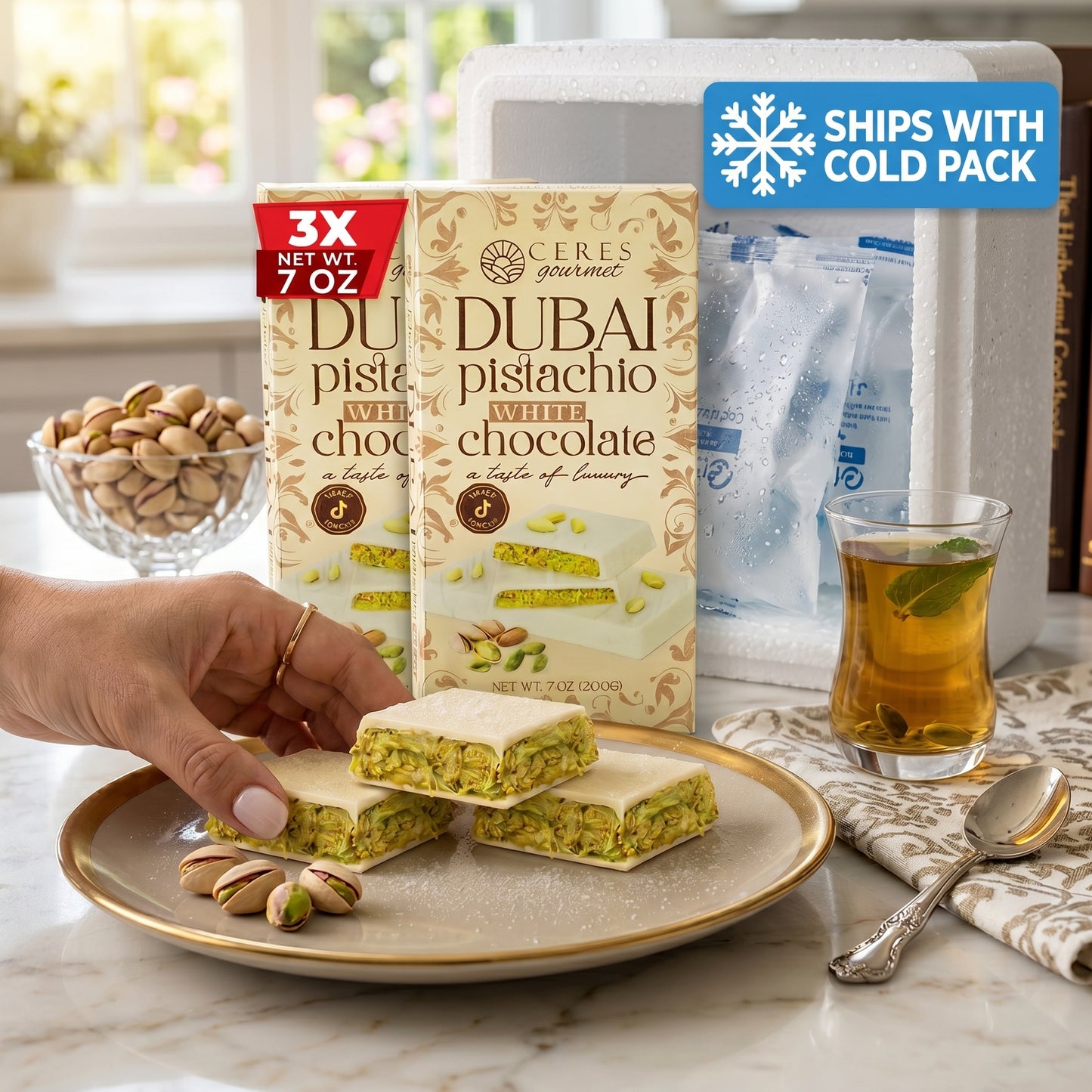 JUMBO Viral Dubai Pistachio White Chocolate Bar - Extra Thick 7oz (200g) - 3 Pack
