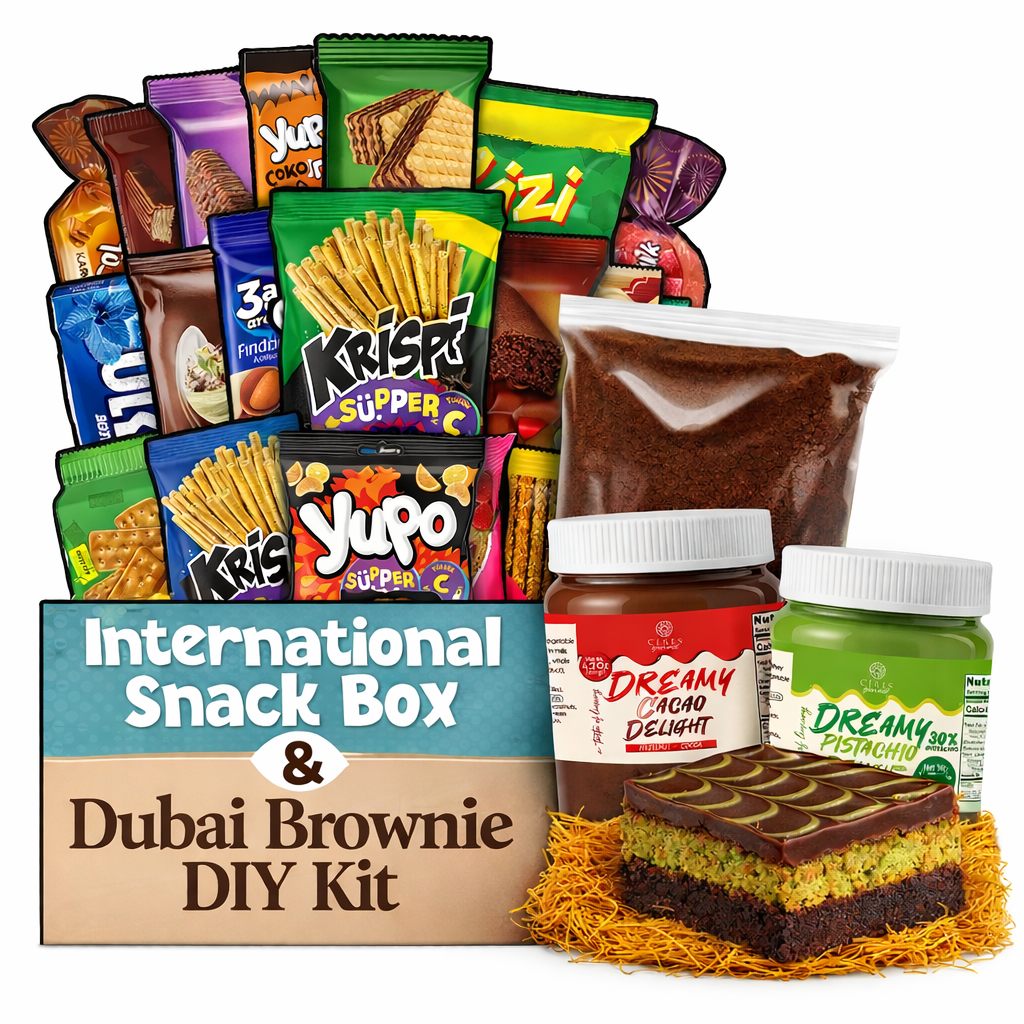 International Snack Box & Dubai Brownie DIY Kit Bundle – Global Snacks and Gourmet Dessert Experience