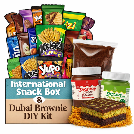 International Snack Box & Dubai Brownie DIY Kit Bundle – Global Snacks and Gourmet Dessert Experience