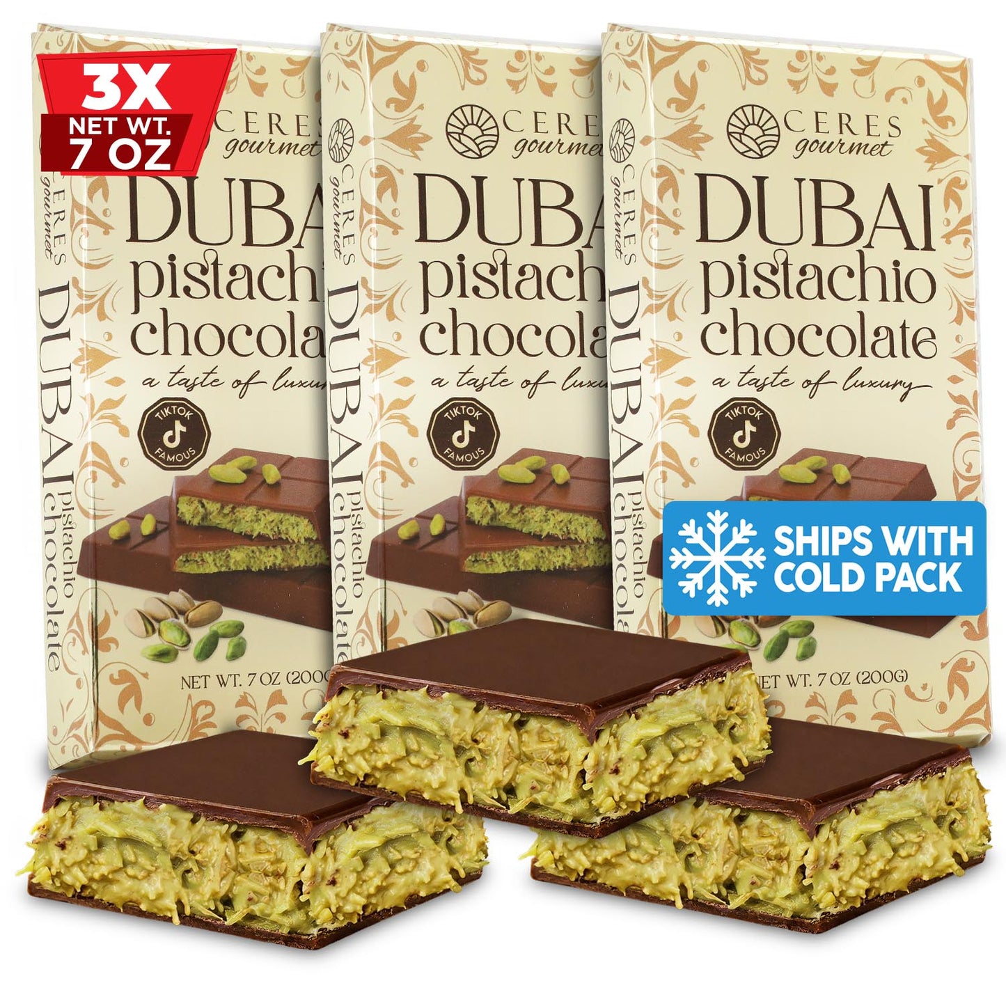 JUMBO Viral Dubai Pistachio Milk Chocolate Bar - Extra Thick 7oz (200g) - 3 Pack