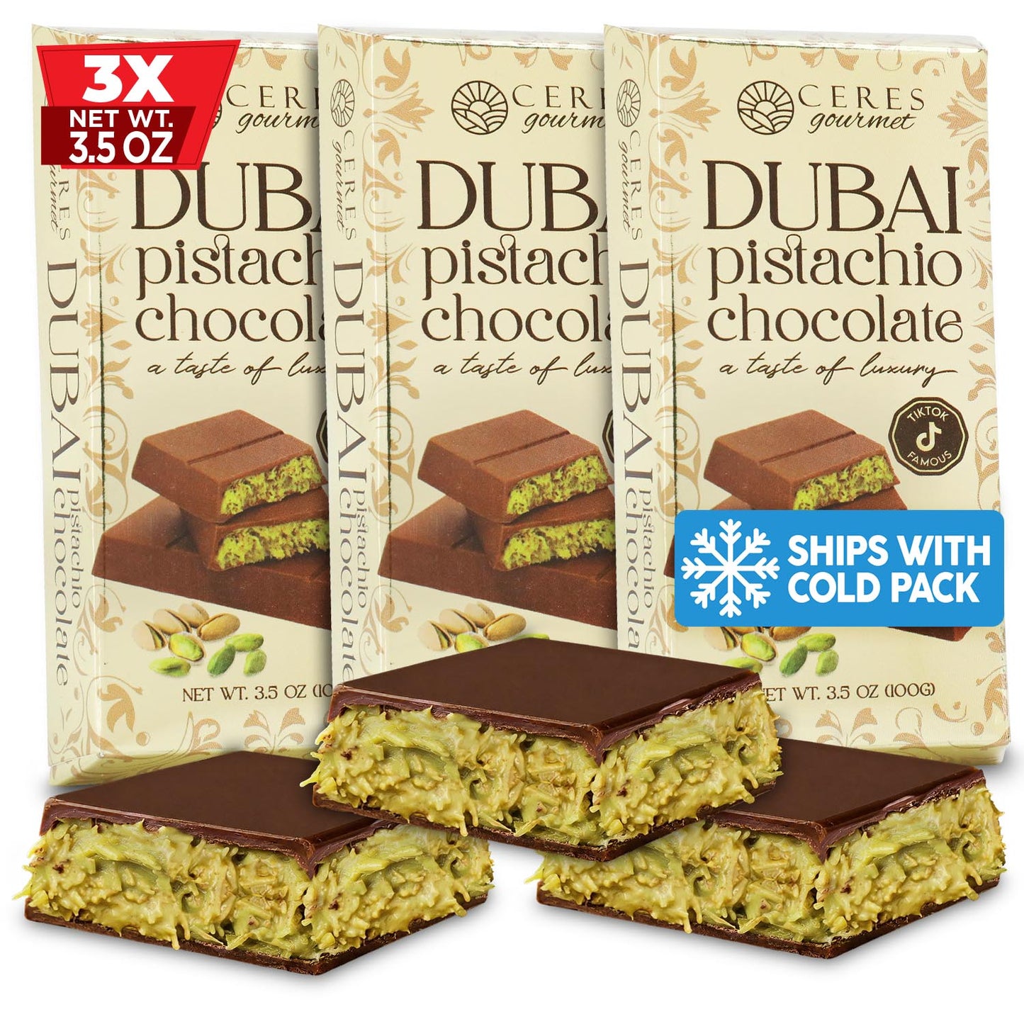 Viral Dubai Pistachio Chocolate Bar with Crunchy Kataifi - 3 Pack (3x100g)